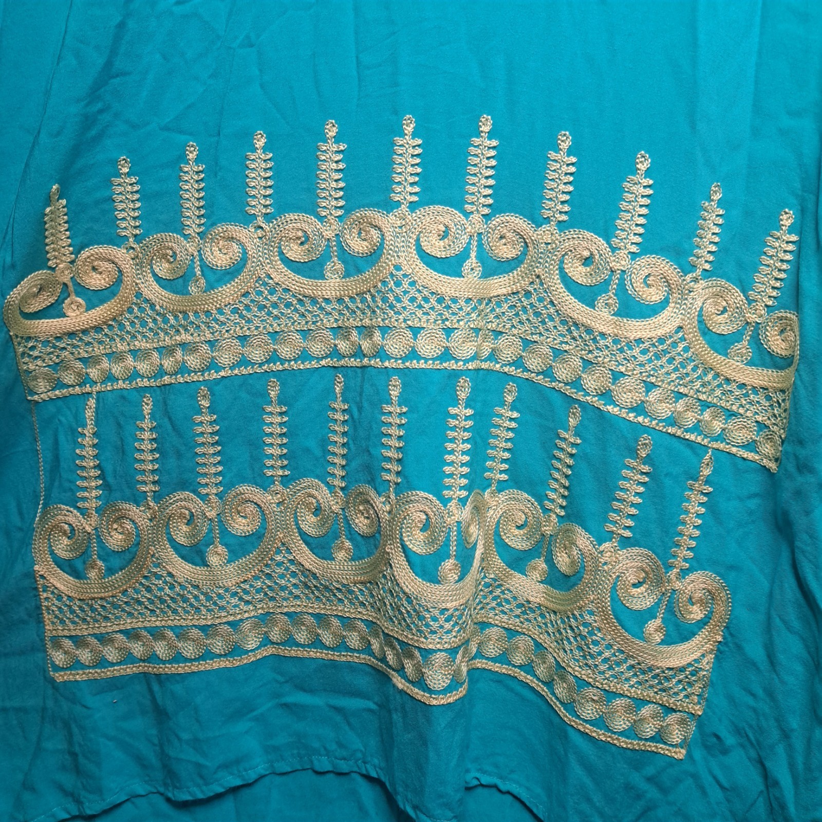 Boho Vintage Hours Aegean Turquoise Gold Moroccan Embroidered Kaftan Maxi Dress