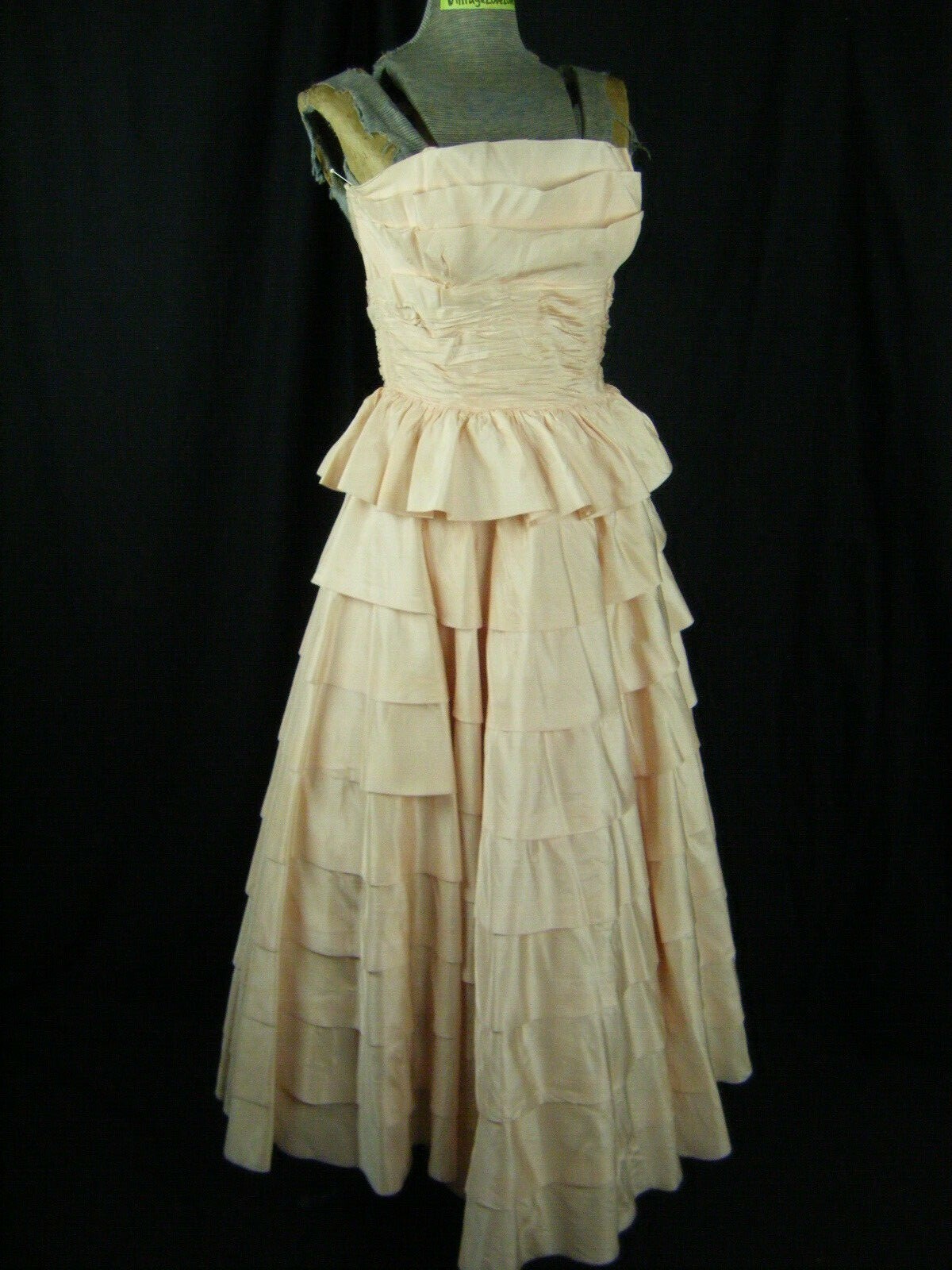 COTILLION FORMALS Vtg 50s Pale Pink Strapless Tiers Party Dress-Bust 32/2XS