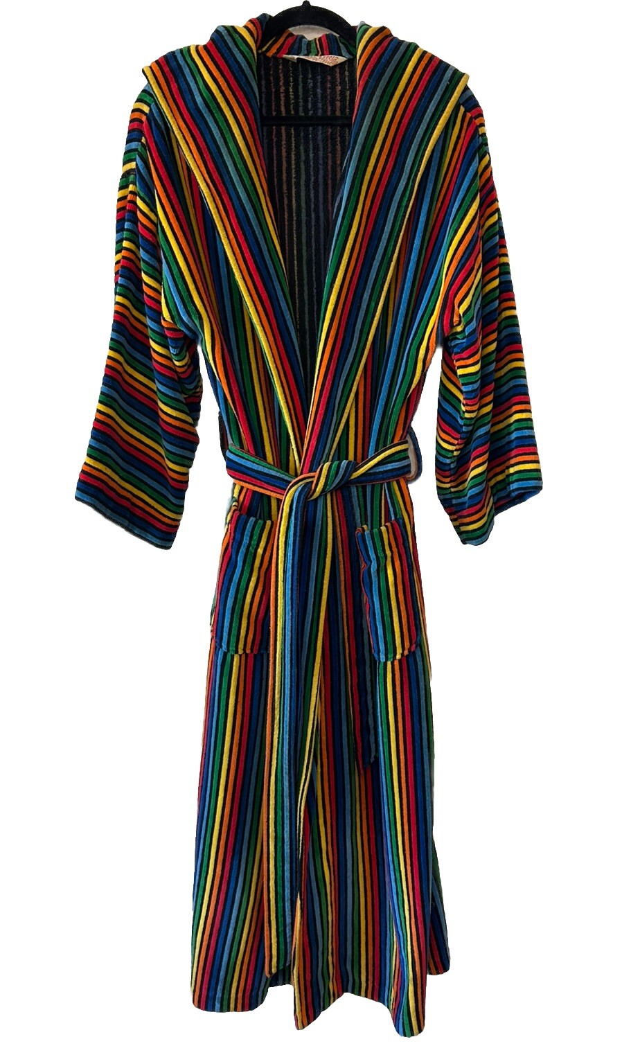 VTG Made In Brazil Rainbow Striped Hooded Longsleeve Maxi Length Long Robe S/M