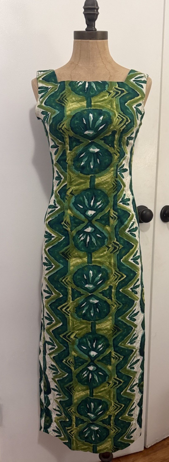 Vintage 60s Malihini Hawaiian Tiki Tank Kapa Polynesian Leaf Print Dress XXS