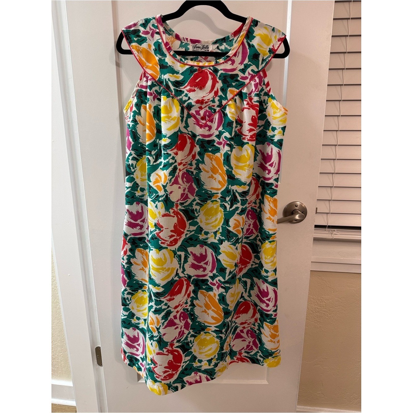 Vintage Anne Leslie Tulip Print House Dress Lounge Shift Dress Pockets USA