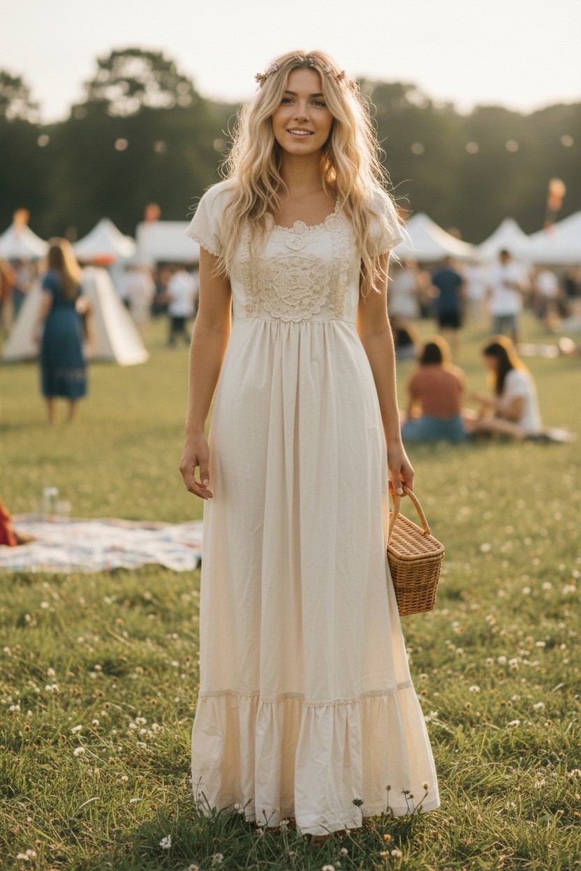Vtg Young Edwardian Arpeja 1970s Maxi Prairie Festival Cottagecore Dress 5/XS