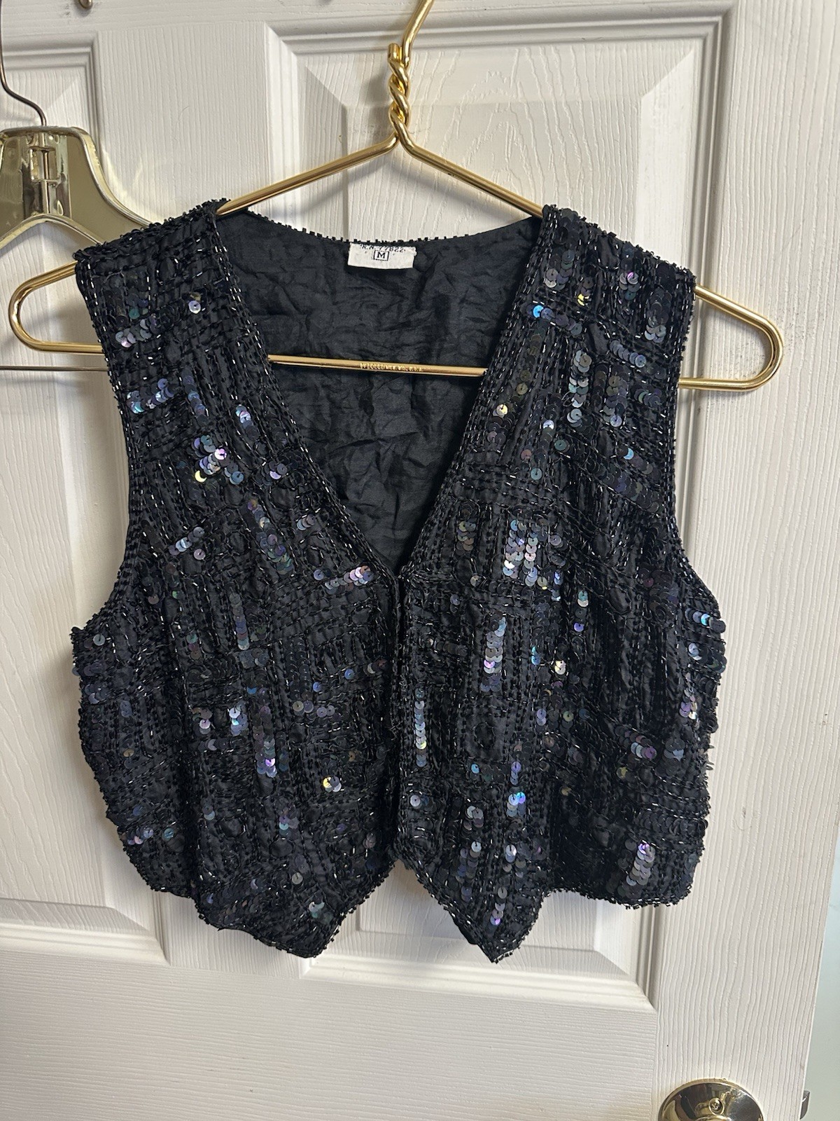 VGC Vtg 70s Disco Black Sequin Glam Rock Cropped Club Vest Top Size Small Beaded