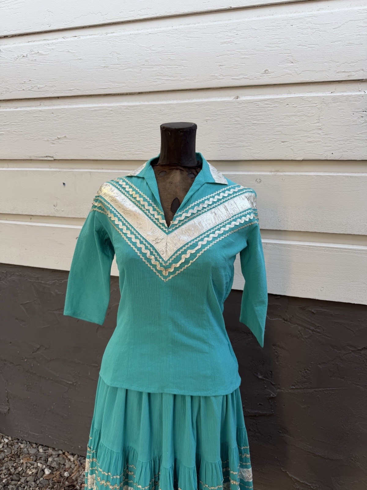Vintage 1950s Western Patio Fiesta Dress 2Pc Ric Rac Circle Skirt Crinkle Cotton