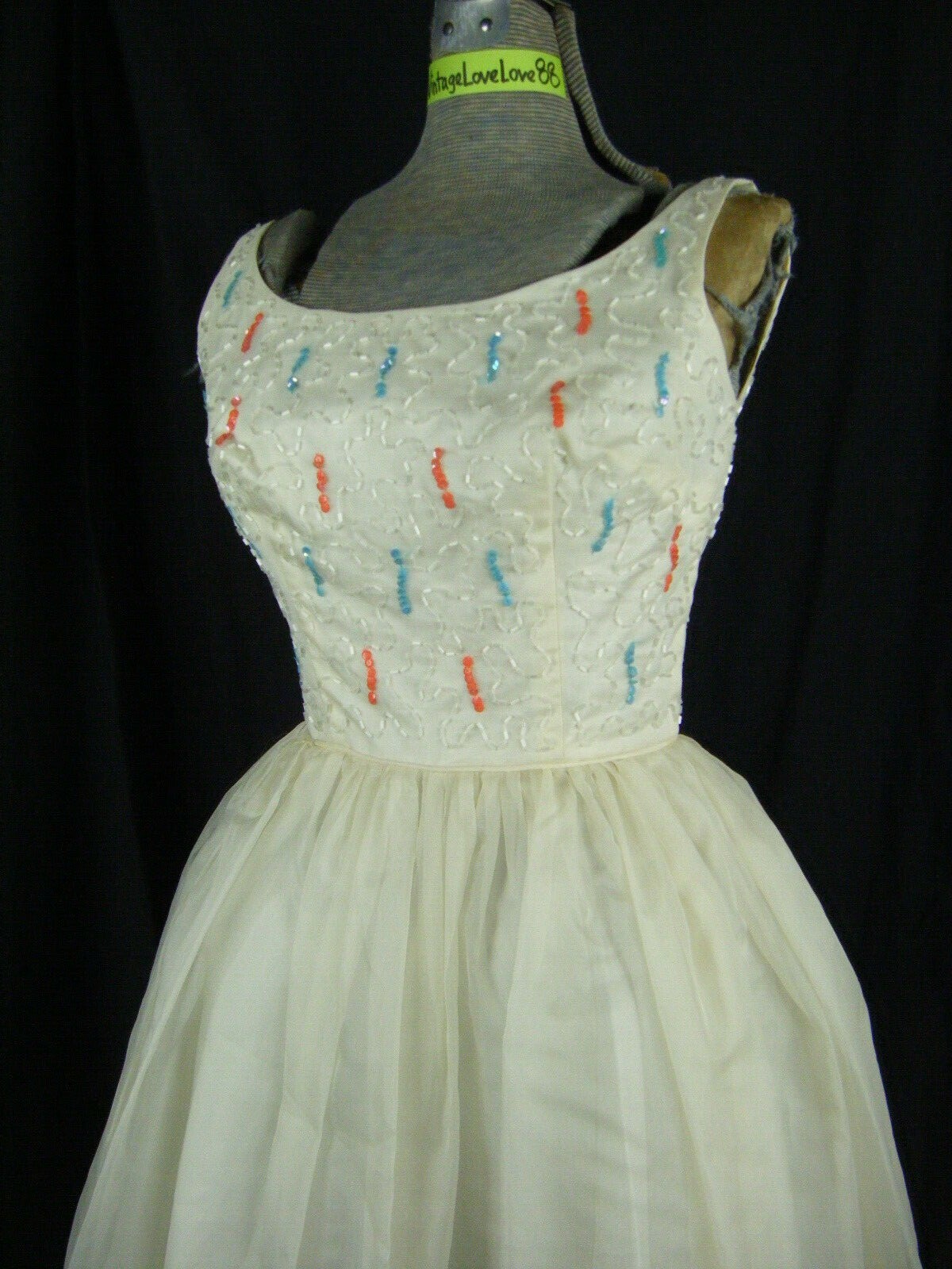 CAREER GIRL Vtg 50s Ivory Crepe/Coral Blue Sequin Beaded Party Dress-Bust 31/2XS
