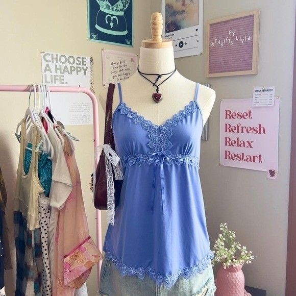 Vintage Y2K Blue / Purple Lace Trim Babydoll Top Coquette Fairy