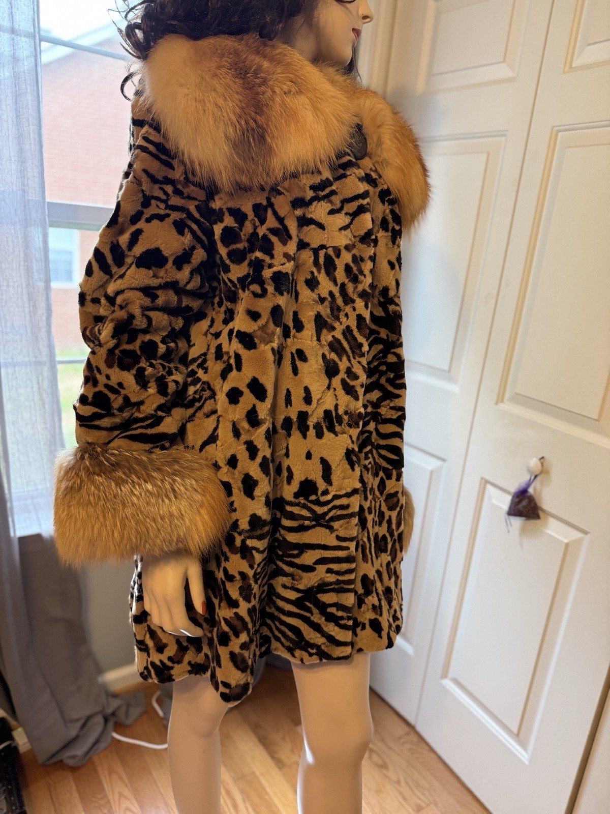 Birger Christensen Leopard Print Sheared Mink Fur Coat w/ Fox Collar & Cuffs M