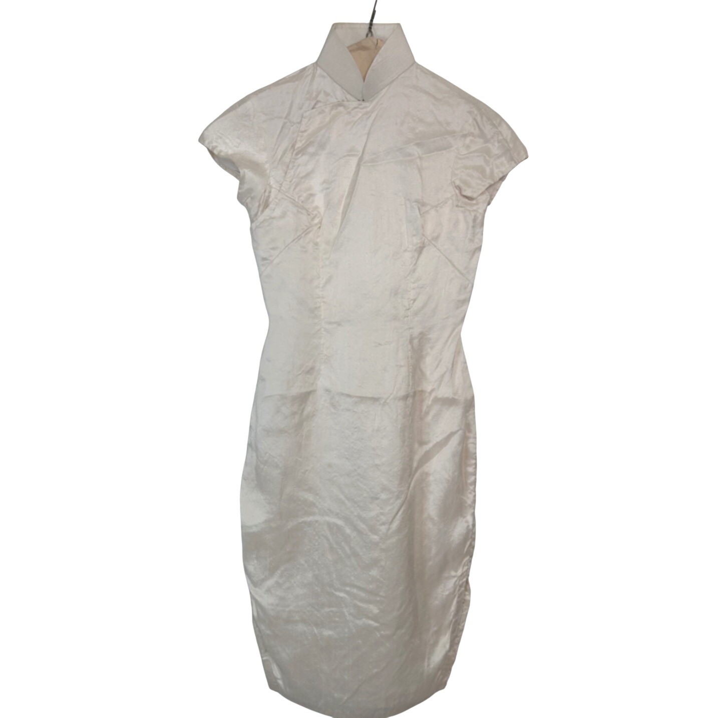 Cream Silk Cheongsam Qipao Dress Mandarin Collar Cap Sleeve Midi Women&rsquo;s S