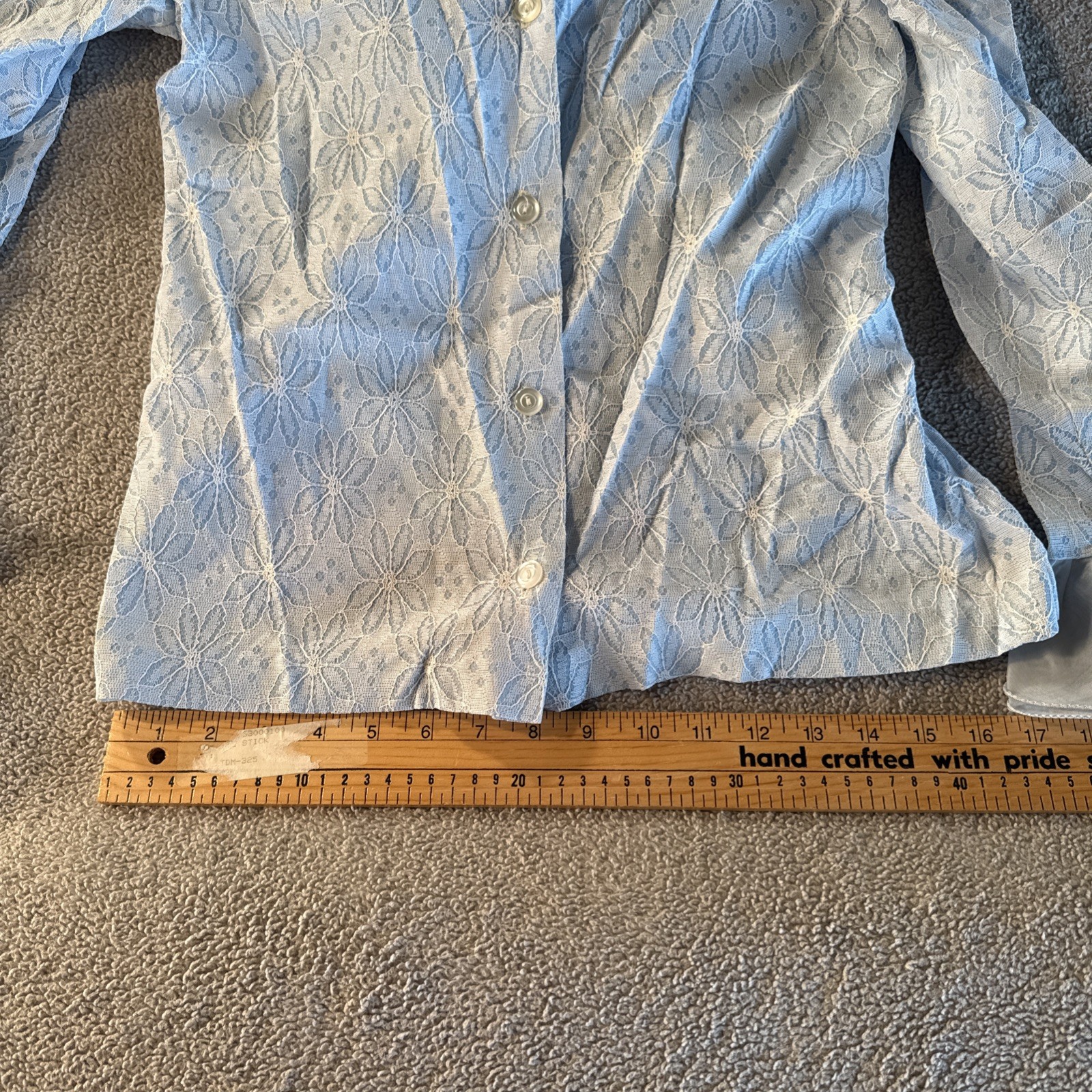 Vtg 70s Powder Blue Lace Eyelet Tuxedo Blouse Dramatic Ruffle Blouse see pics