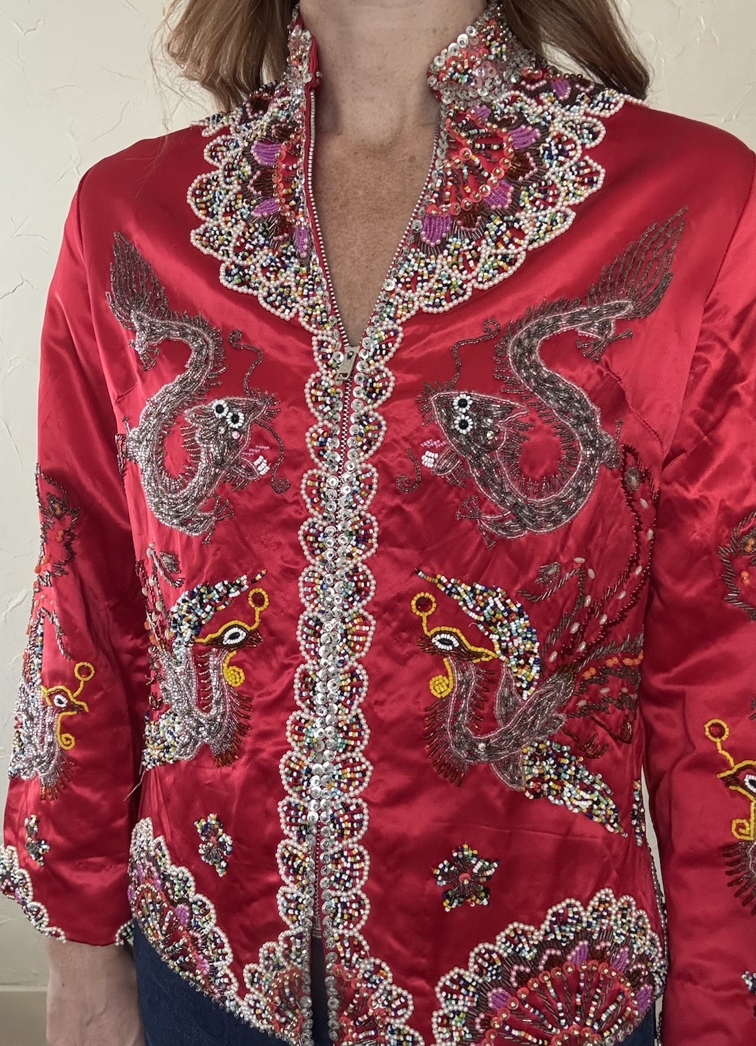 VTG 1960s Red Satin Beaded Jacket Zip up Asian Influenced Dragon Phoenix Design