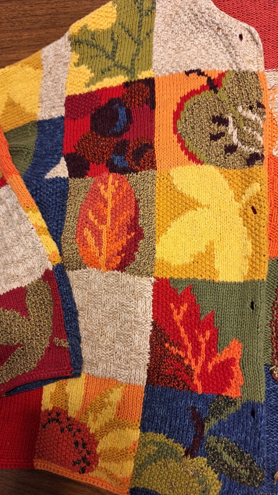 1990s Susan Bristol Patchwork Fall Apples Leaves Sunflower Rainbow Cardigan XL