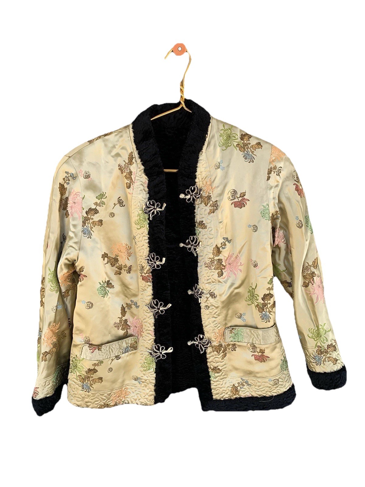 Chinese Satin Faux Fur 50s 60s Blazer Jacket Sz Small With Shawl READ