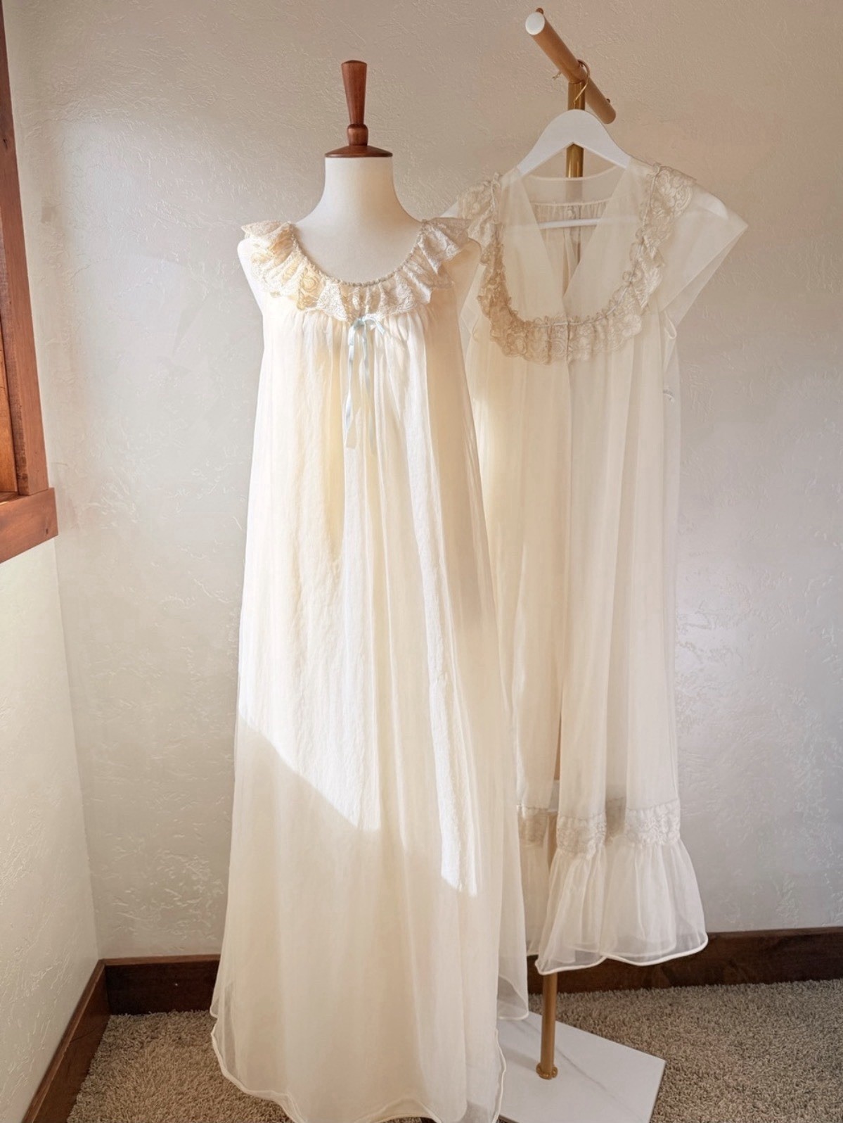 Vintage Shadowline Peignoir Set | Sheer Ivory Nightgown & Robe Lace Romantic XS