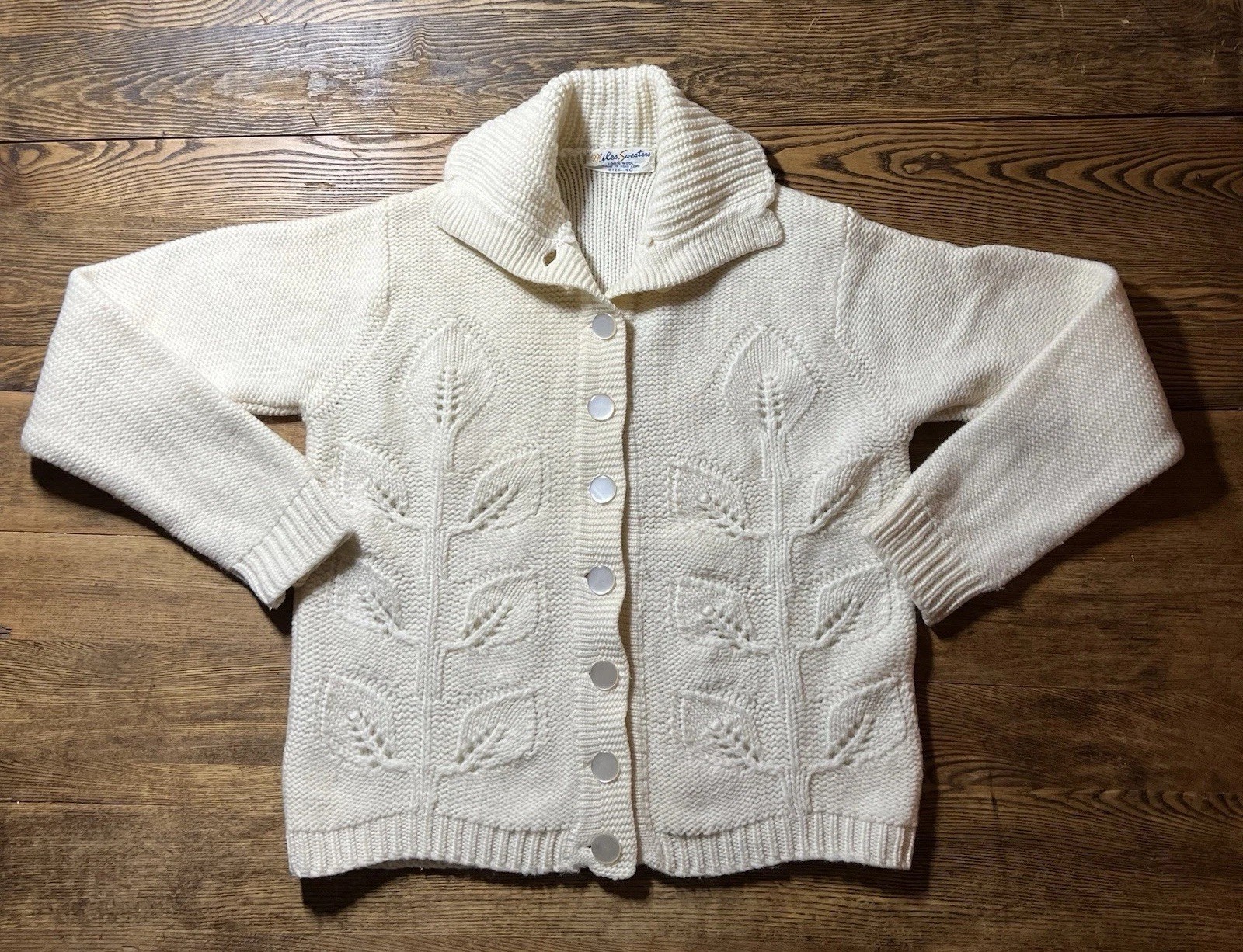 Vintage 60s Miles Sweaters Leaf Pattern Knit Cardigan Shawl Collar Wool Sweater