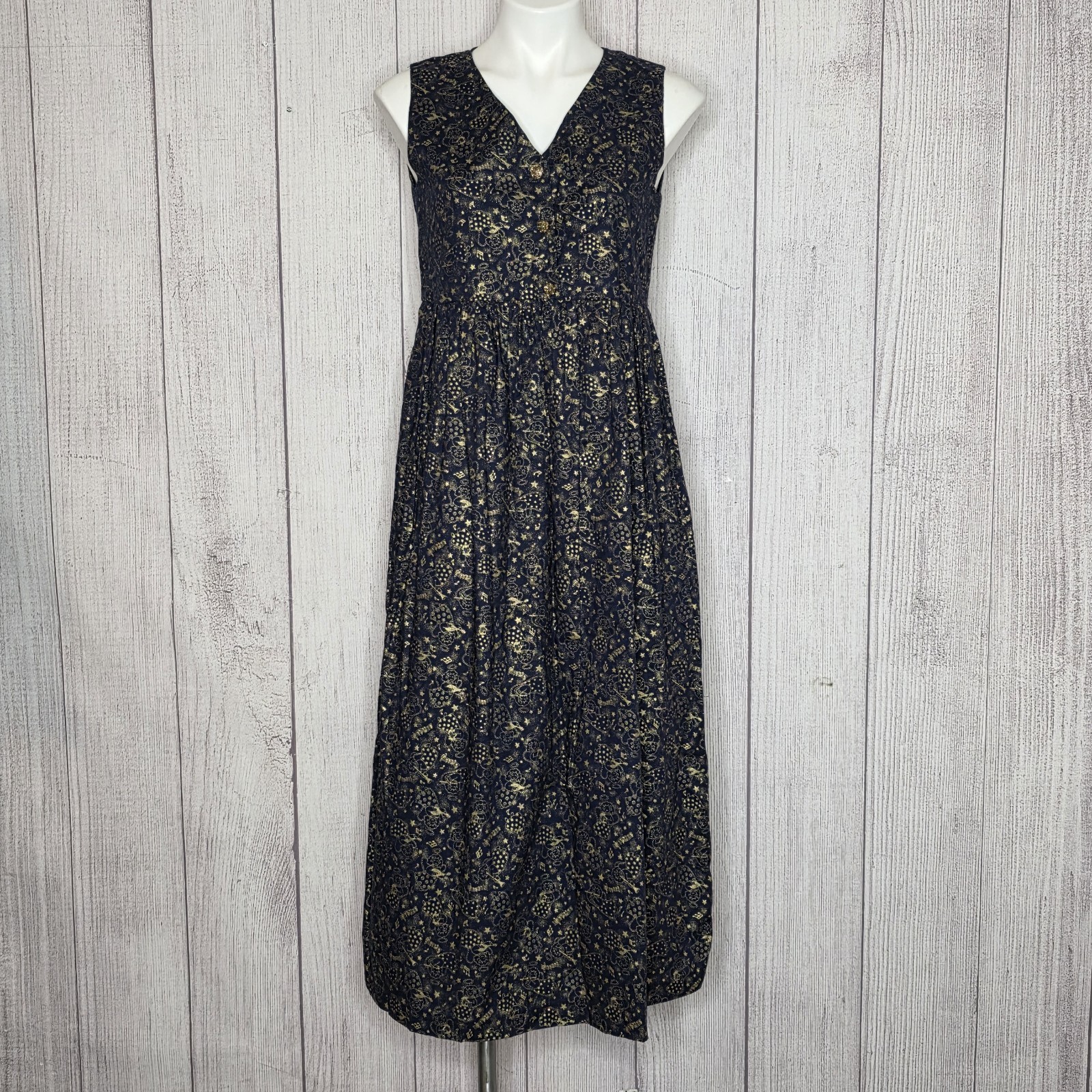 Vintage Handmade Angel Print Jumper Dress Blue Gold Maxi Cottagecore Folk Art