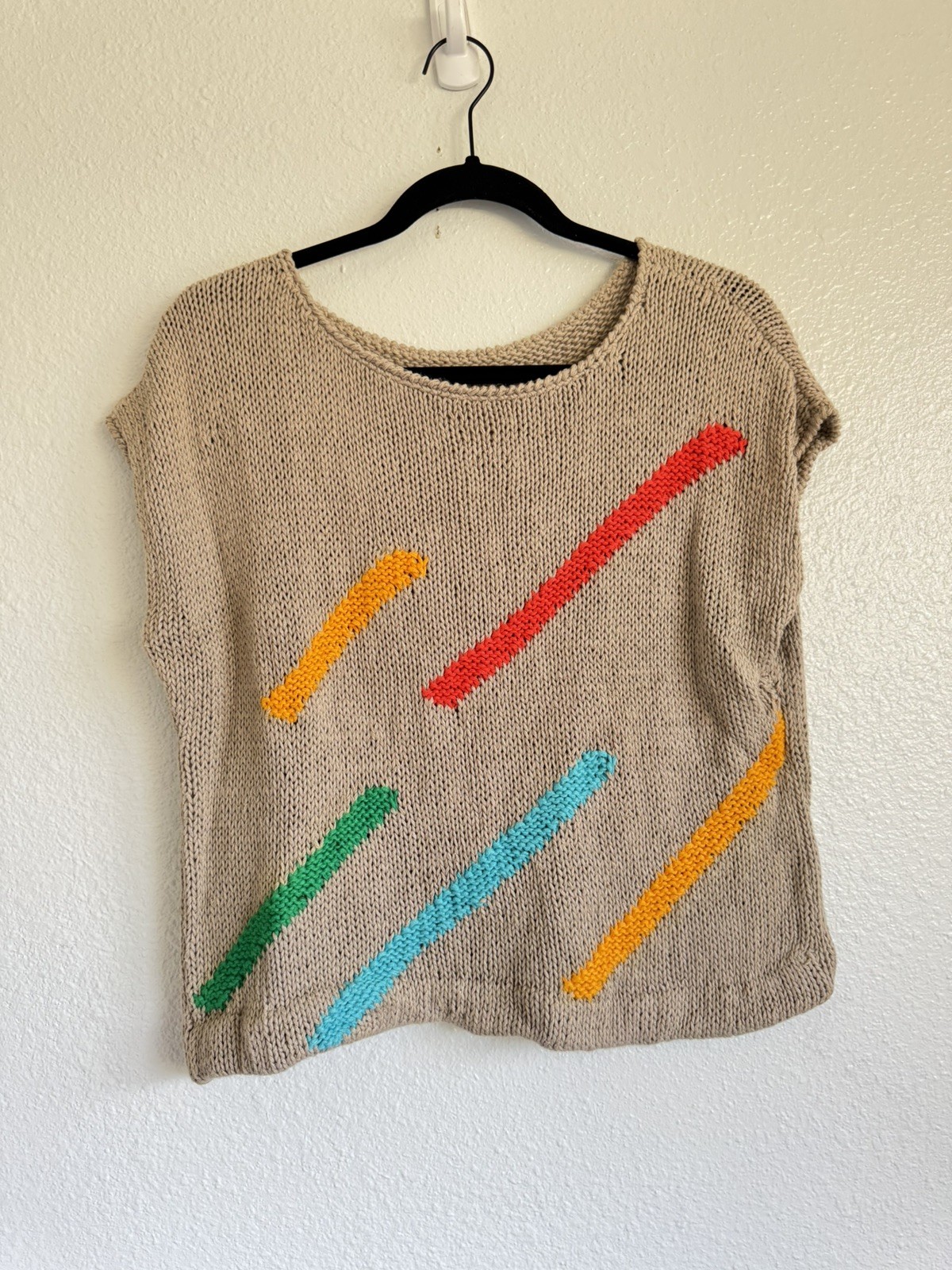 VTG Coogi Style Ms Russ Knit Sweater SS 80’s Graphic Tan Multicolored Medium