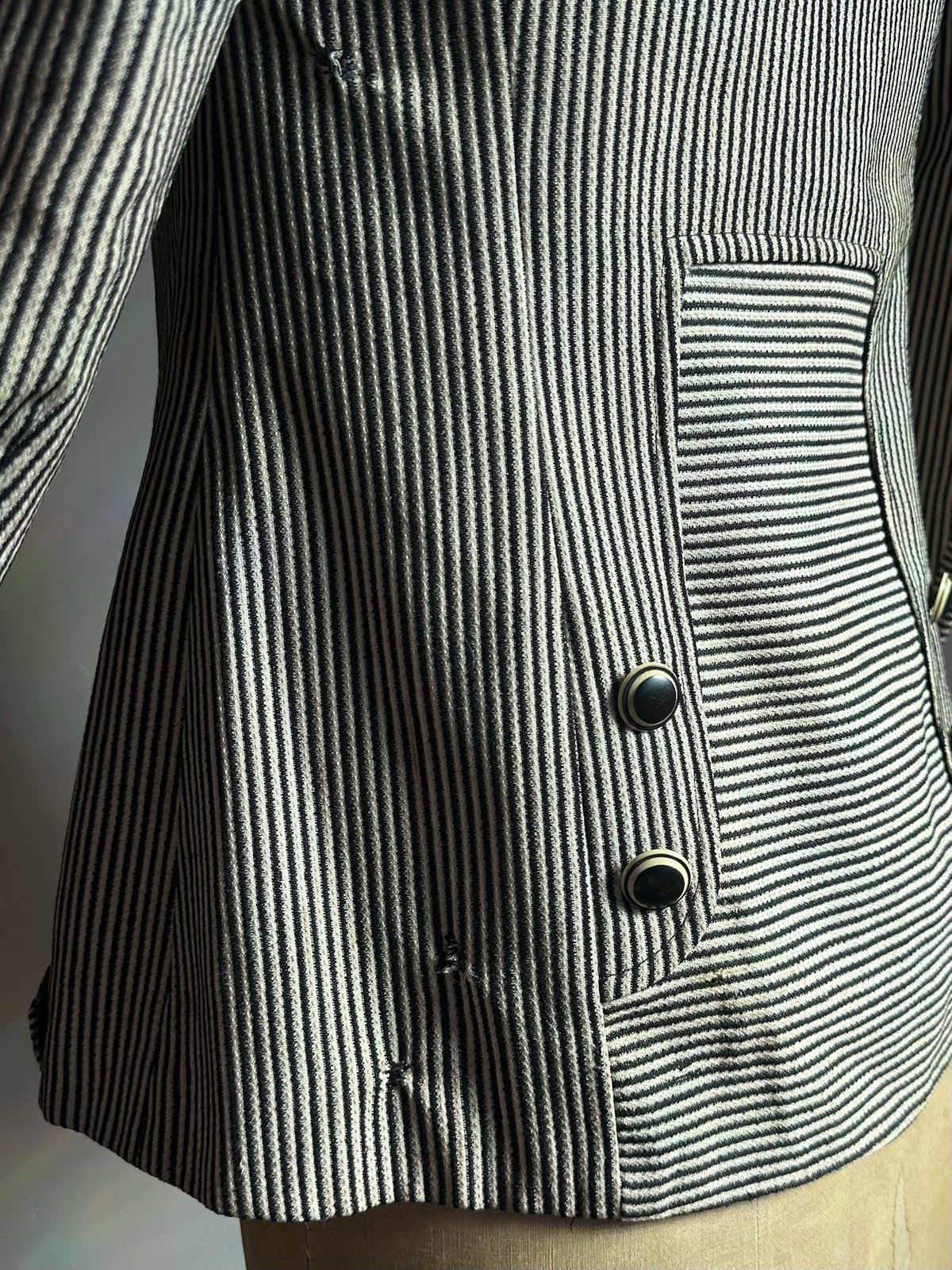 1910s Teens Edwardian Striped Wool Suit Jacket Celluloid Eye Buttons as is