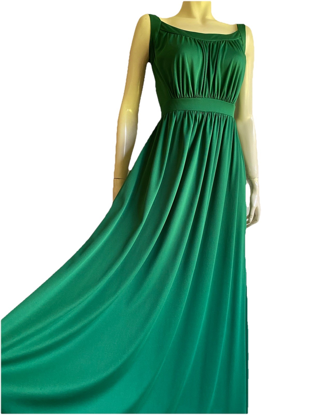 Vintage 70s GREEN Grecian Goddess Dress Maxi Roman Shawl Disco Gown 1970s
