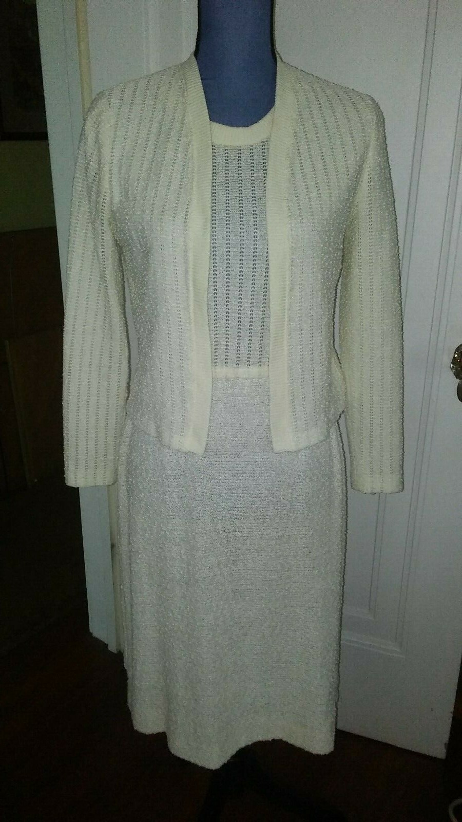 Vintage Cream 2 Piece Knit Dress and Shrug/Cardigan STRAIT LANE Size S-M