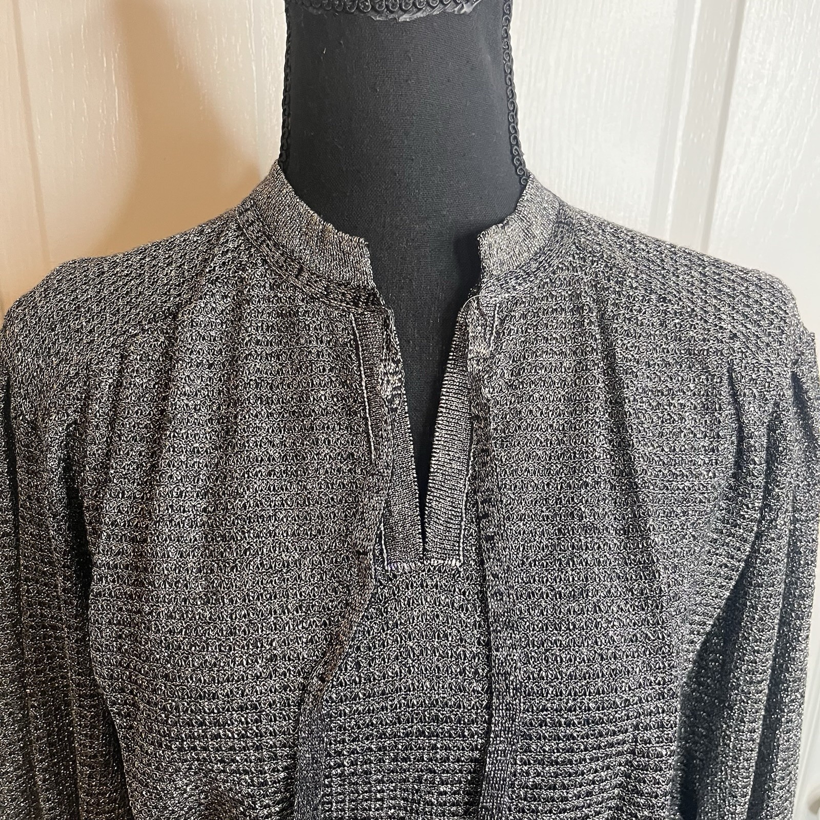 Vintage 70s JOYCE Metallic Knit Blouse Sz M Black Silver Glam Disco Boho Tie