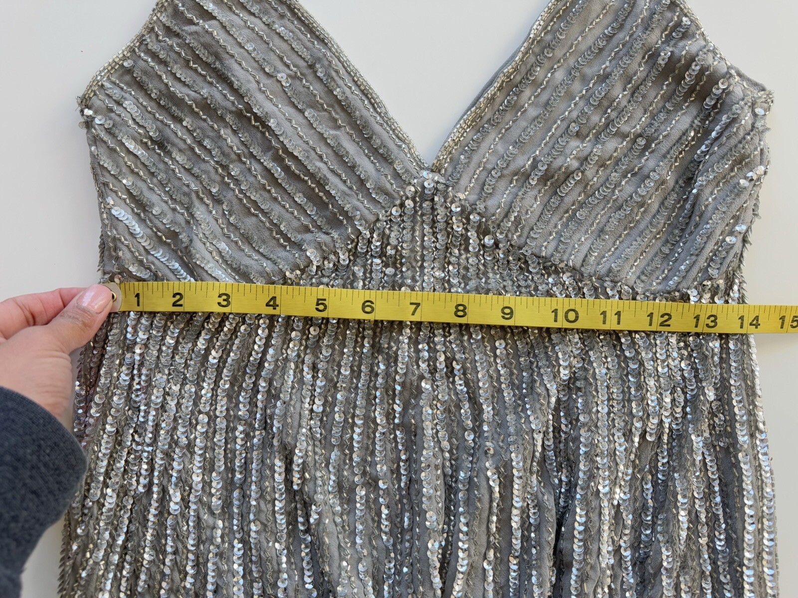 Vintage 90s Stenay Silver Grey Beaded Sequin Party Cocktail Gatsby Dress Size 8P