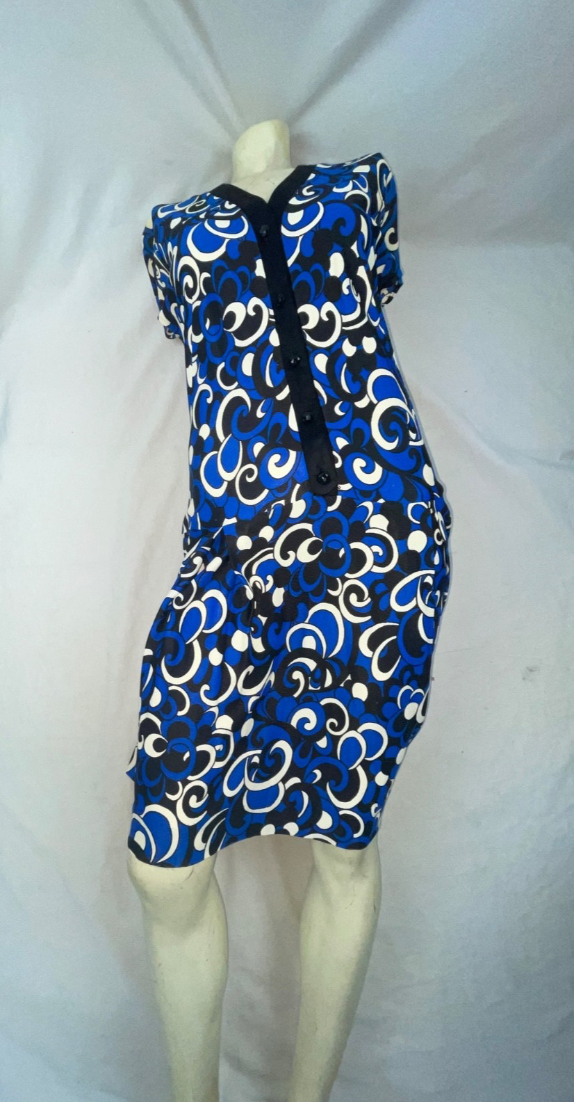 VTG 60s 70s WOMENS S BERKSHIRE BLUE GEOMETRIC DISCO RETRO BUTTON PARTY DRESS