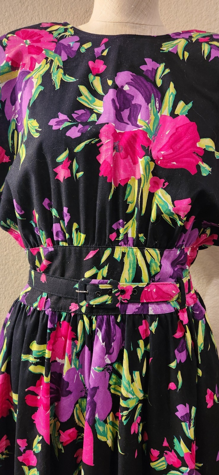 VTG 80s Stuart Alan Multicolor Floral Belted Dress Peekaboo Back Women&rsquo;s 10