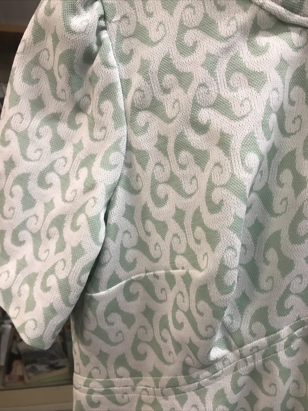 Vintage 70s Shift Dress Double Knit Poly Handmade Green White Geometric Sz M