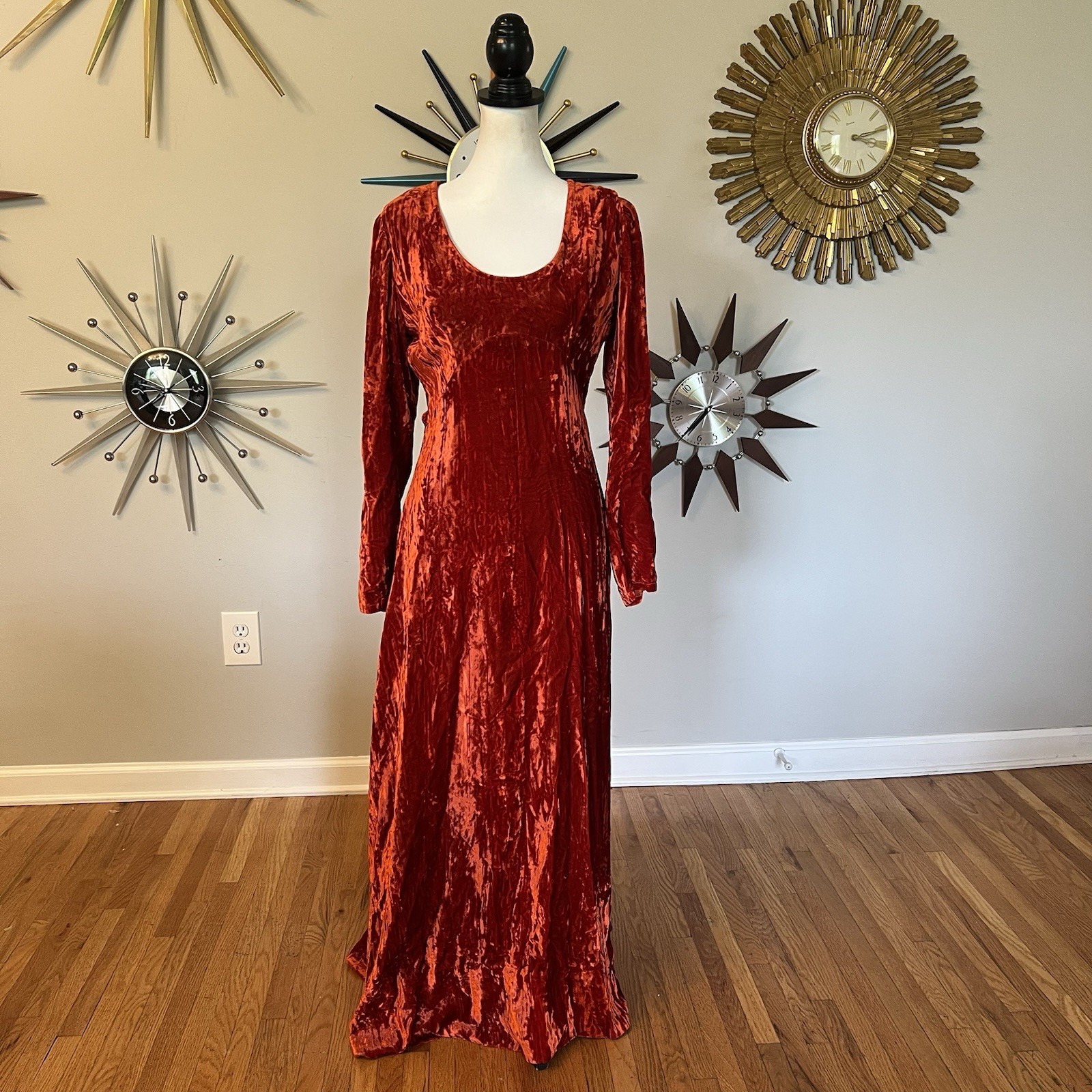 VTG 1970s The Company Orange Crushed Velvet Maxi Dress Small