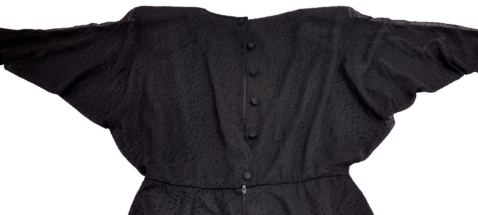 1980s Batwing Sheer Chiffon Dress Black Flapper Scallop 80s Dolman Sleeves M/L
