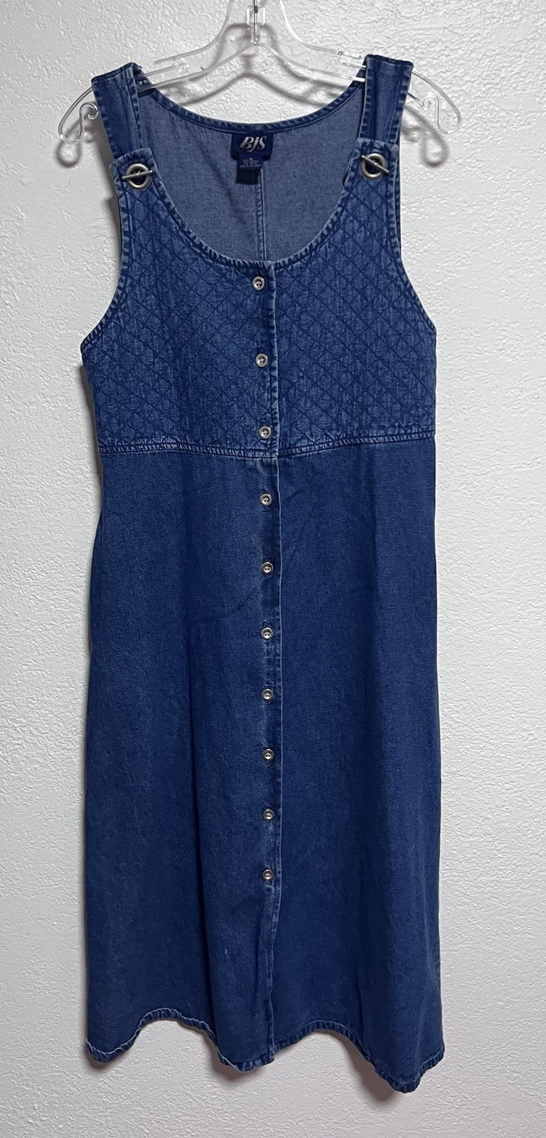 Vtg BJS Denim Jumper Long Teacher Quilted Pockets 100% Cotton Dress Medium