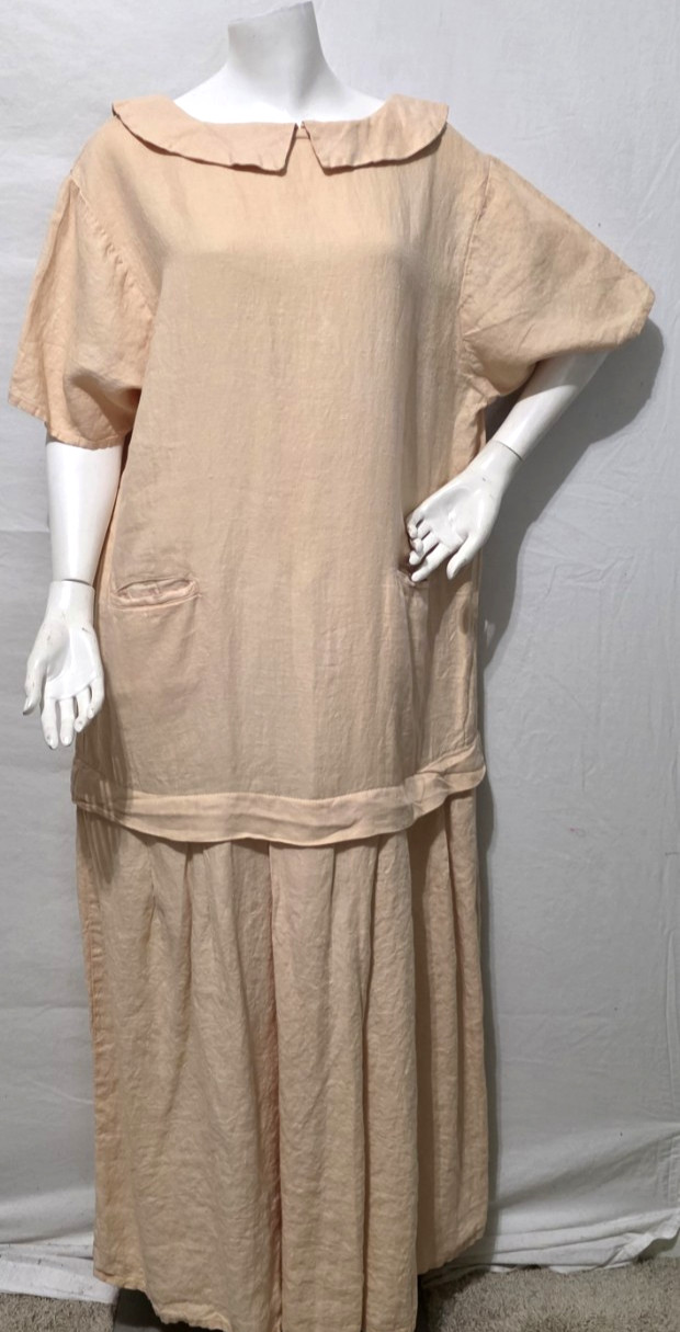Vtg Flax by Angelheart L Dress Long Tan Linen Drop Waist Short Sl Lagenlook &rsquo;90s