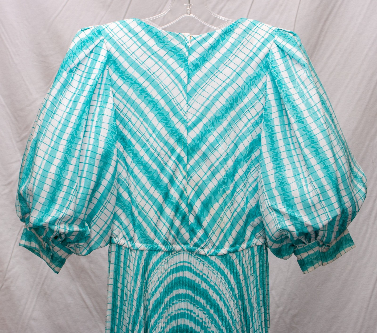1980s Vintage Dress Aqua Blue Satin Pouf Sleeve Robert Courtney Gene Roye