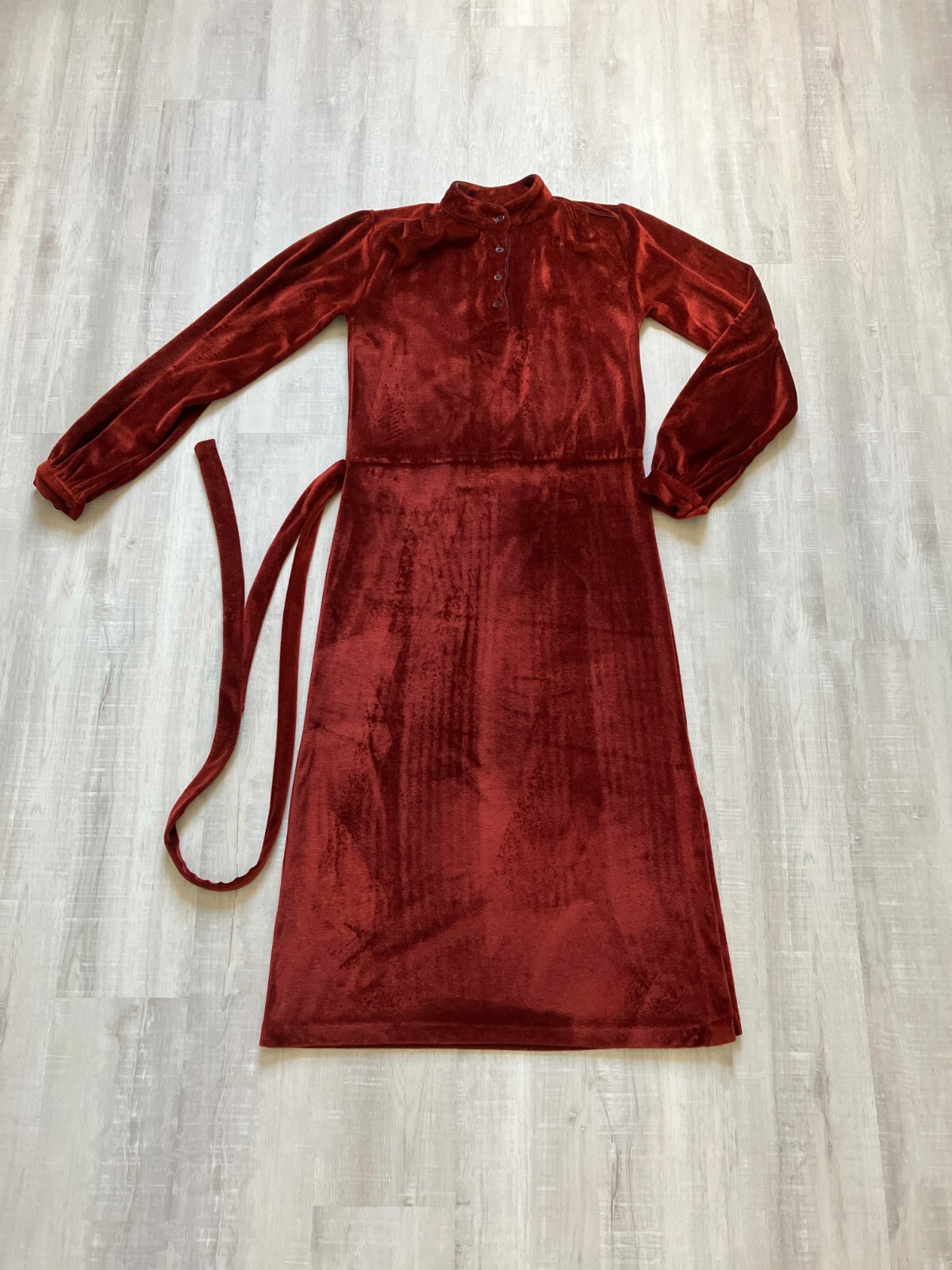 1970s Copper Velour Belted Dress, Vtg Rust Orange Dress with Belt
