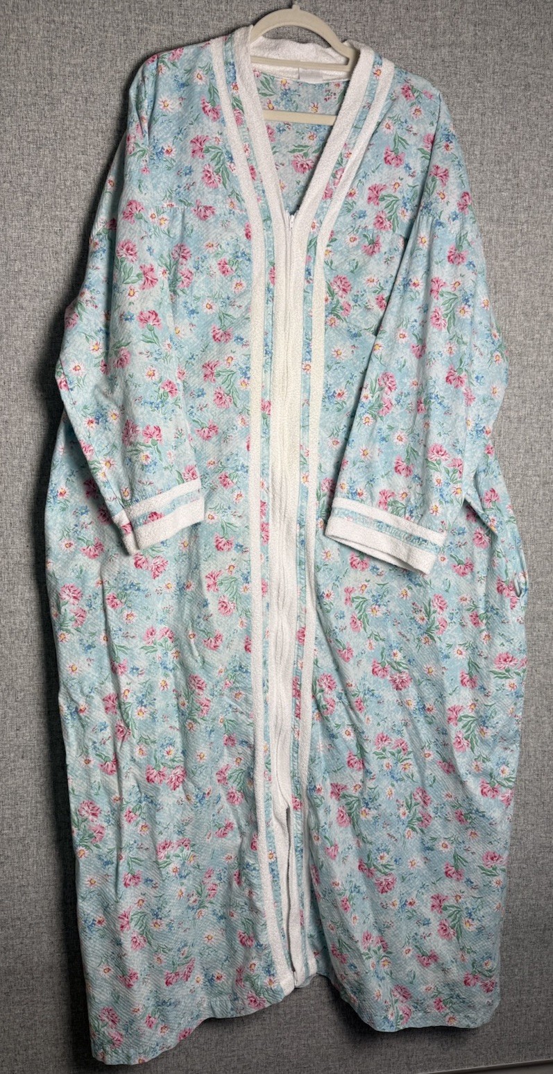 Vintage Blue Pink Floral Long House Coat Robe Duster Nightgown Zip Up XXL/2X