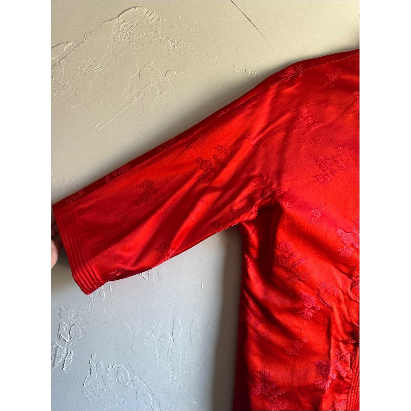 Vintage Red Mandarin Frog Closure Satin Jacquard Jacket Chinese Brocade Artwear