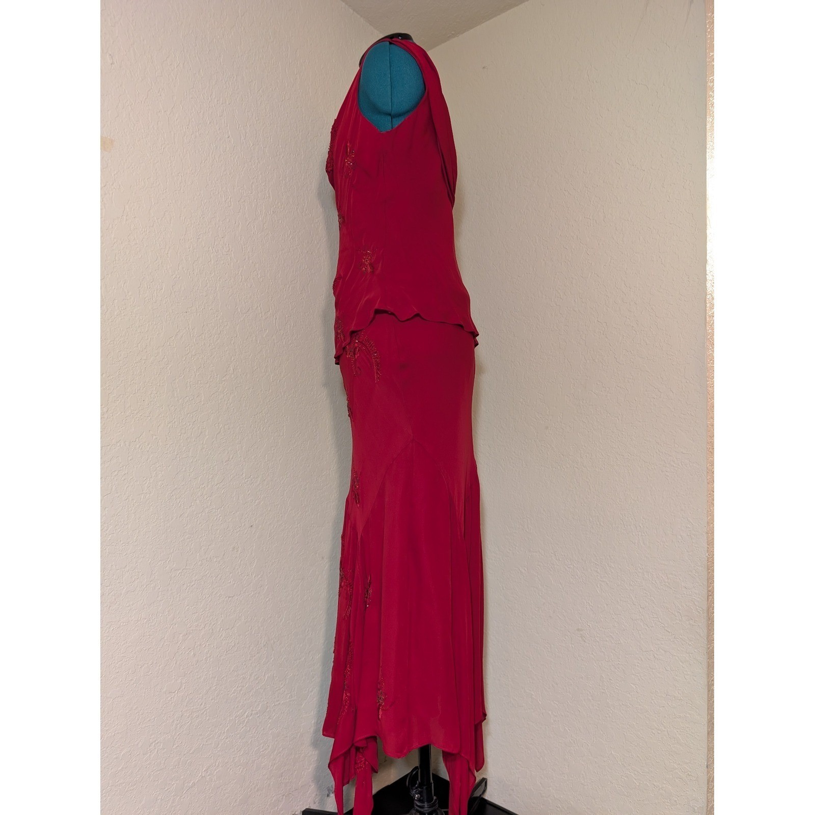 I.C.E. Vintage Rare Red 100% Silk Beaded 2 Piece Skirt Set Fairycore M