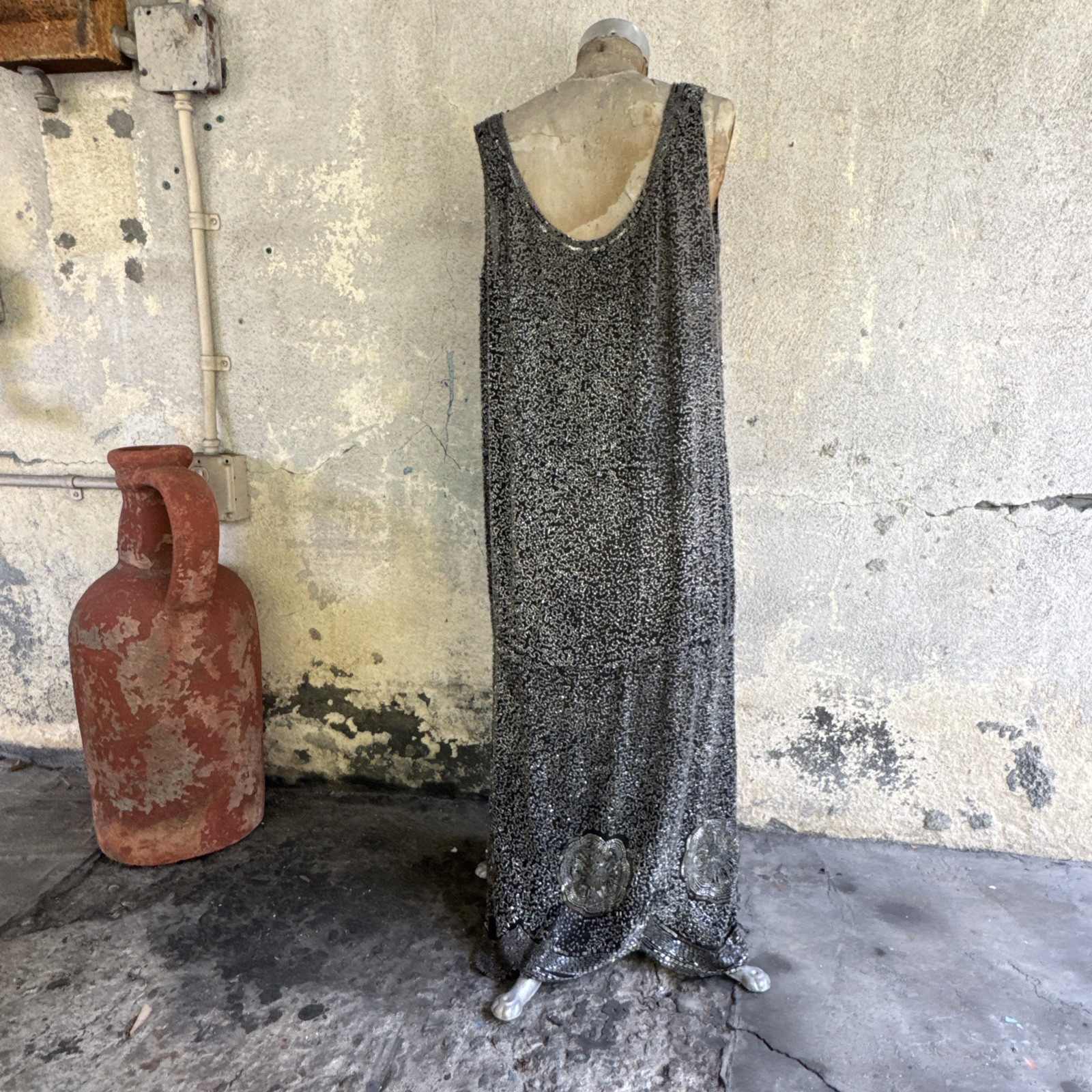 Antique 1920s Completely Silver Icy Beaded Gown Sequins Dress Scalloped Hem VTG