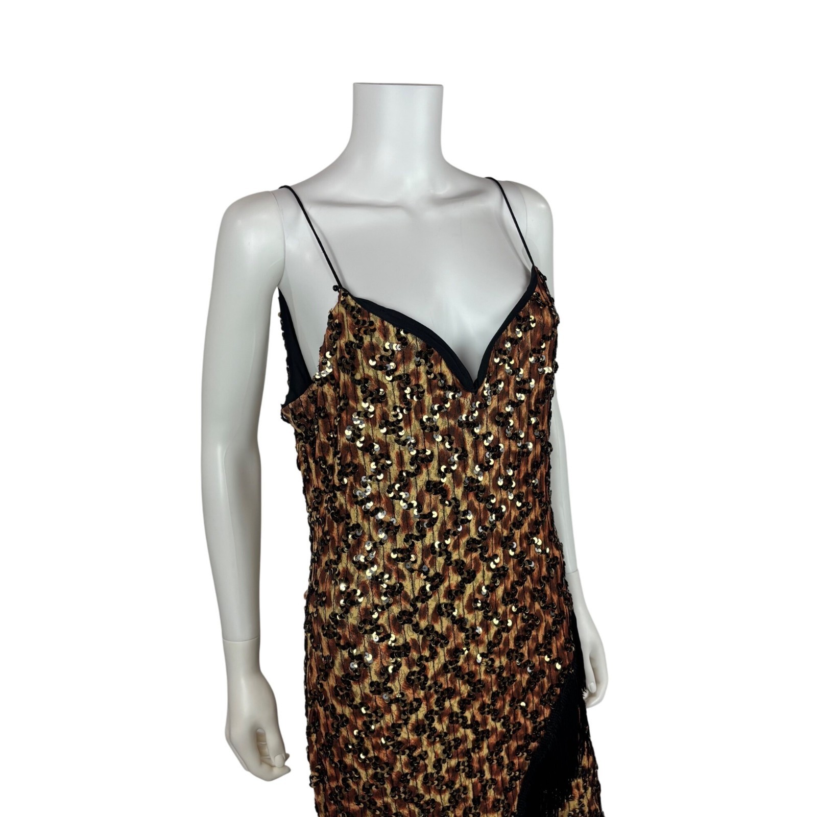 Vintage 90s Flapper Dress Womens Medium Leopard Style Print Sequin Party Fringe