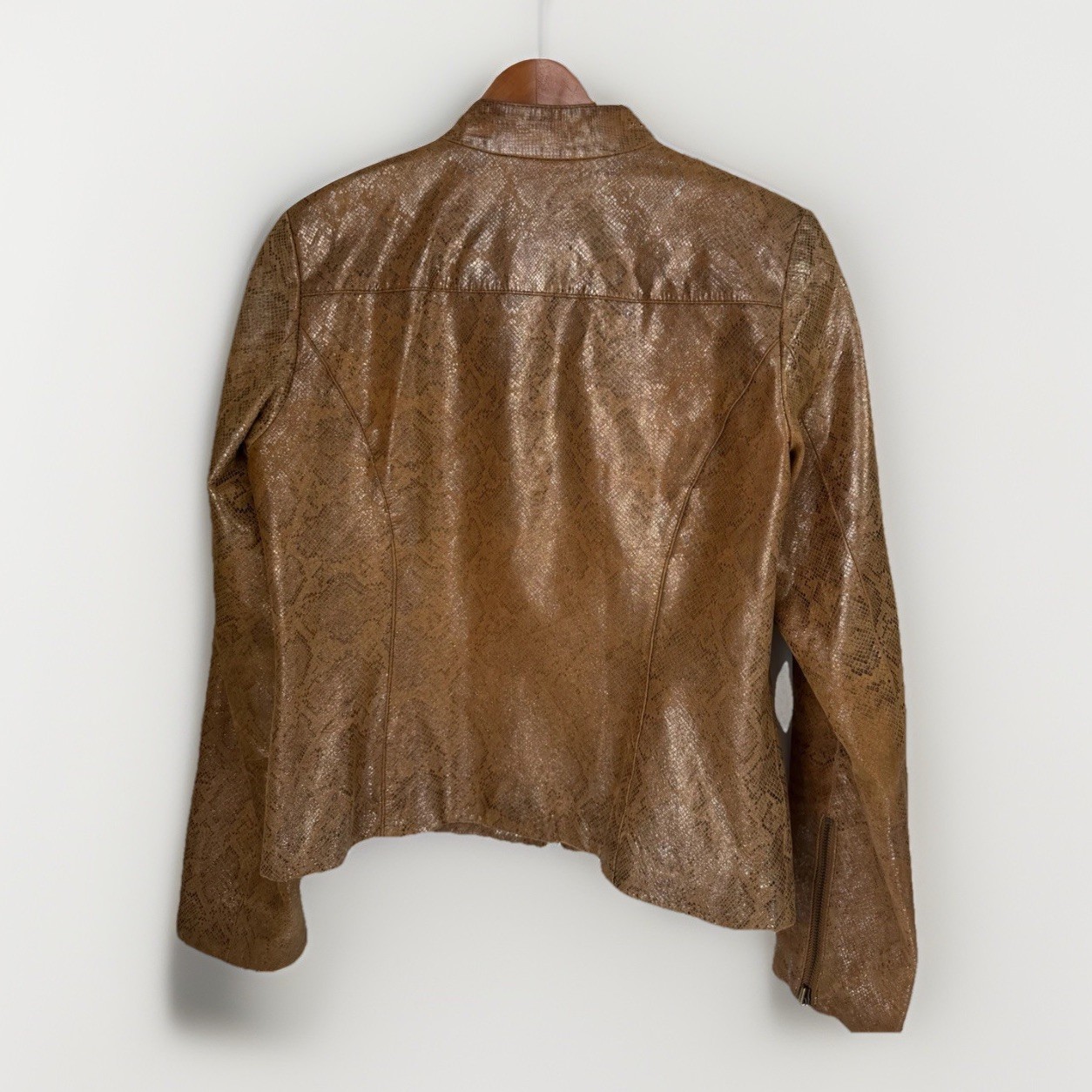 Vakko Printed Leather Jacket Bronze Snake Embossed Moto Y2K Size 8