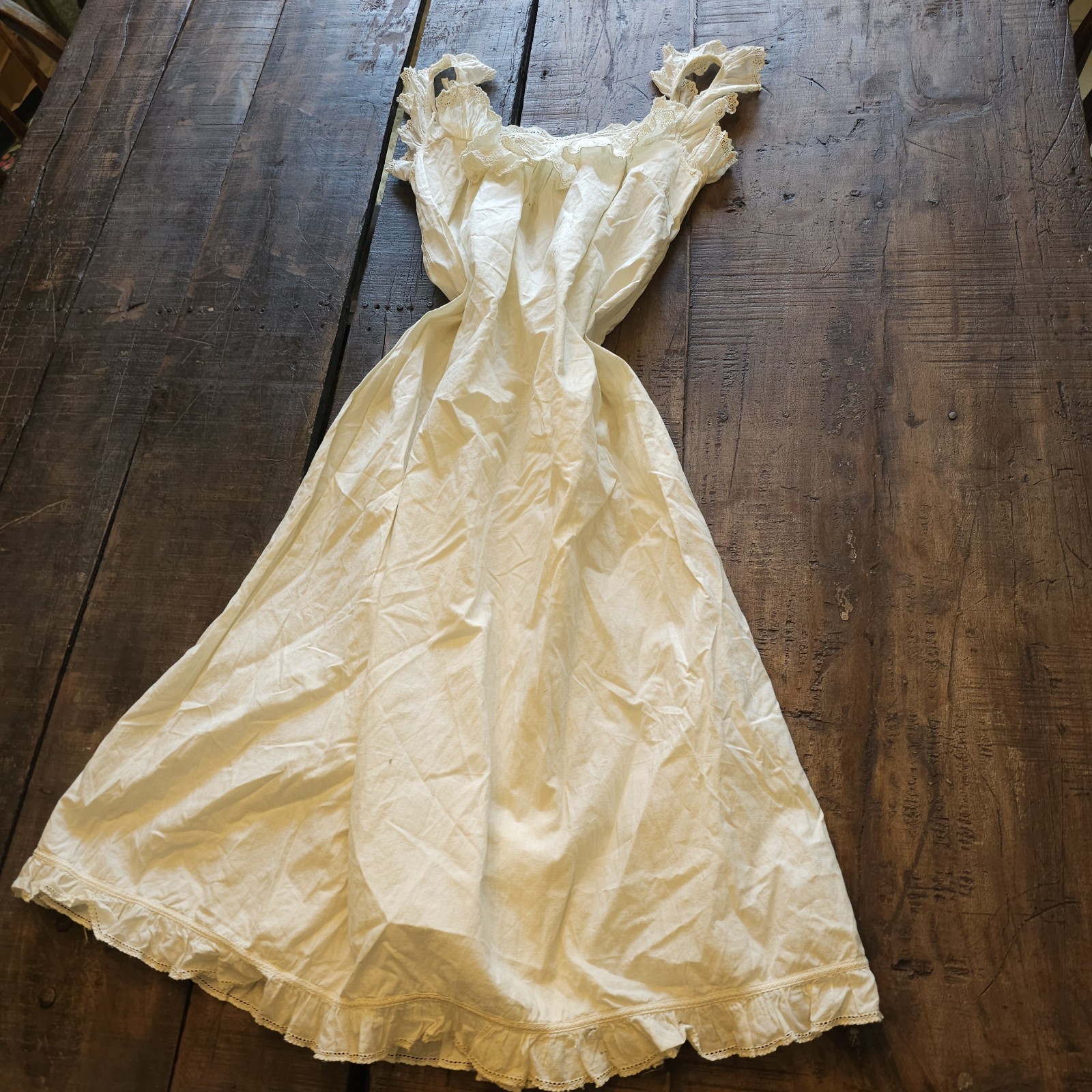 Antique Chemise Cream Lace Trim Slip Midi Dress w/ Ruffled Sleeves Edwardian