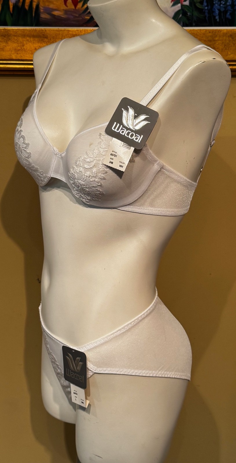 VINTAGE WACOAL 65701 64701 WHITE SHEER EMBROIDERED BRA PANTY SET BRIDAL 34B / L