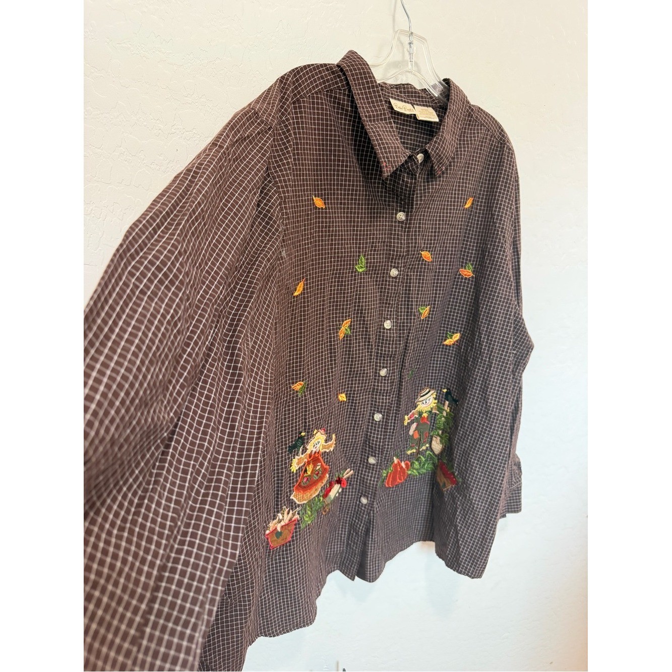 Vtg fall pumpkin scarecrow Plaid Button-Up Shirt plus 26 28W embroidered
