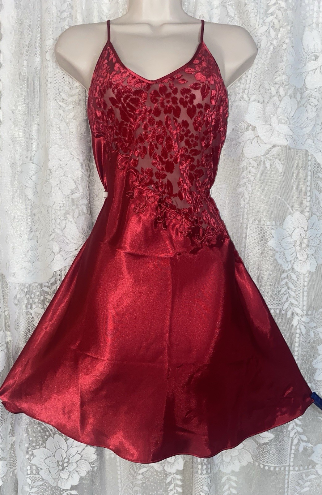 Vtg NWT S M+ CHERRY Red Satin WRAP ILLUSION Babydoll Peignoir Robe Nightgown Set
