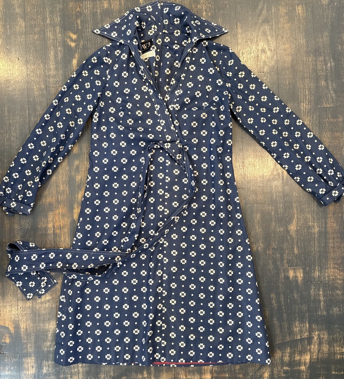 Vintage 1970s DW3 David Warren Collared Dress Navy & White Floral Belted Sz S/M