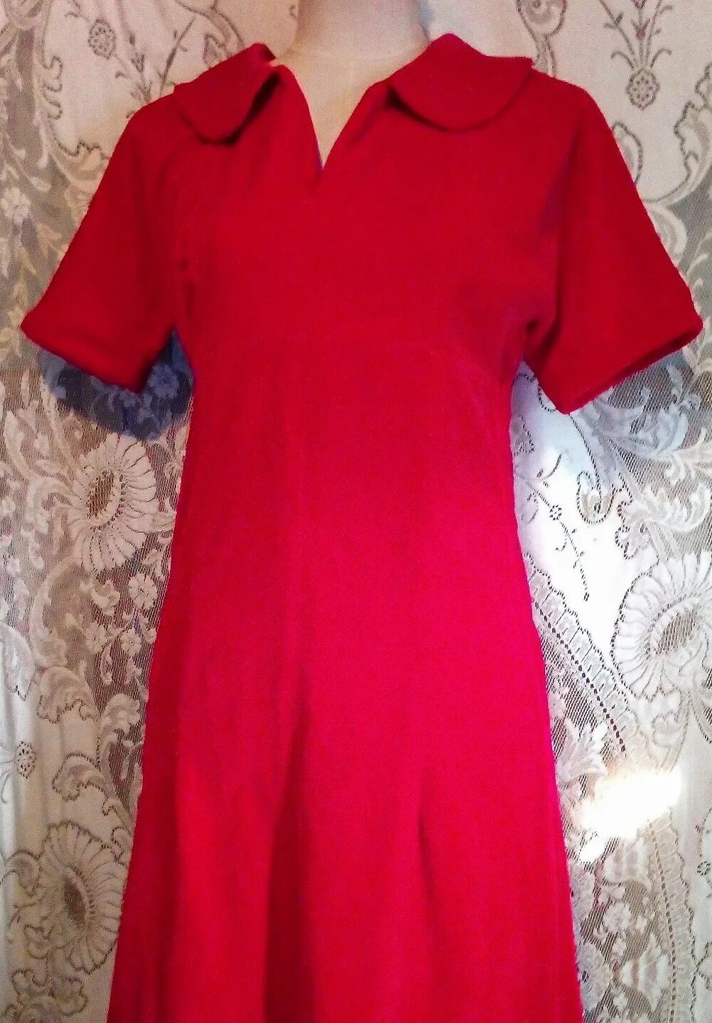 VTG 60s Empire Waist Bright Red Soft Cotton Fitted Maxi Velvet Dress S