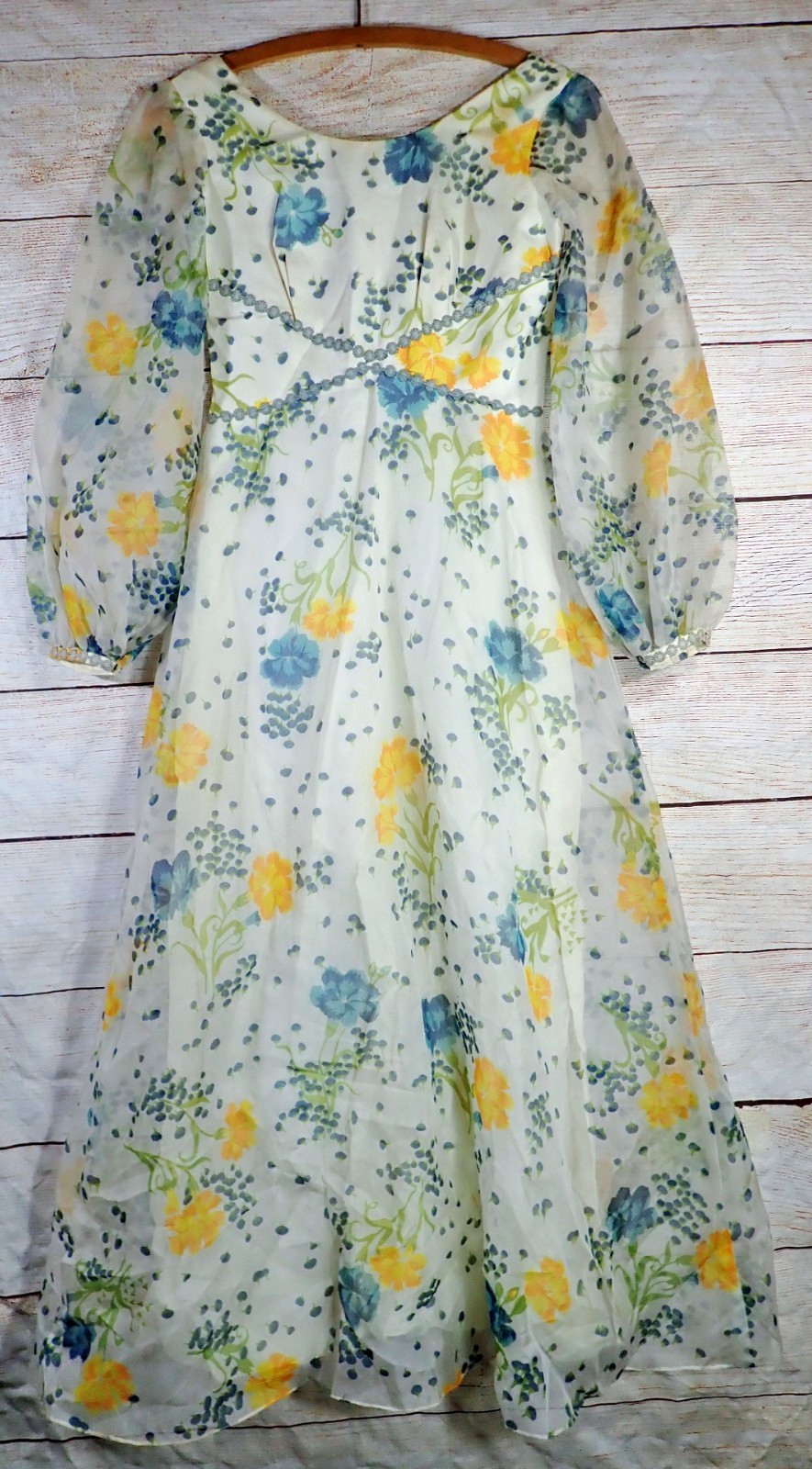 🌸 Vtg 1970s Floral Voile Mesh Maxi Dress XXS Sheer Bishop Sleeve Cottagecore 🌸