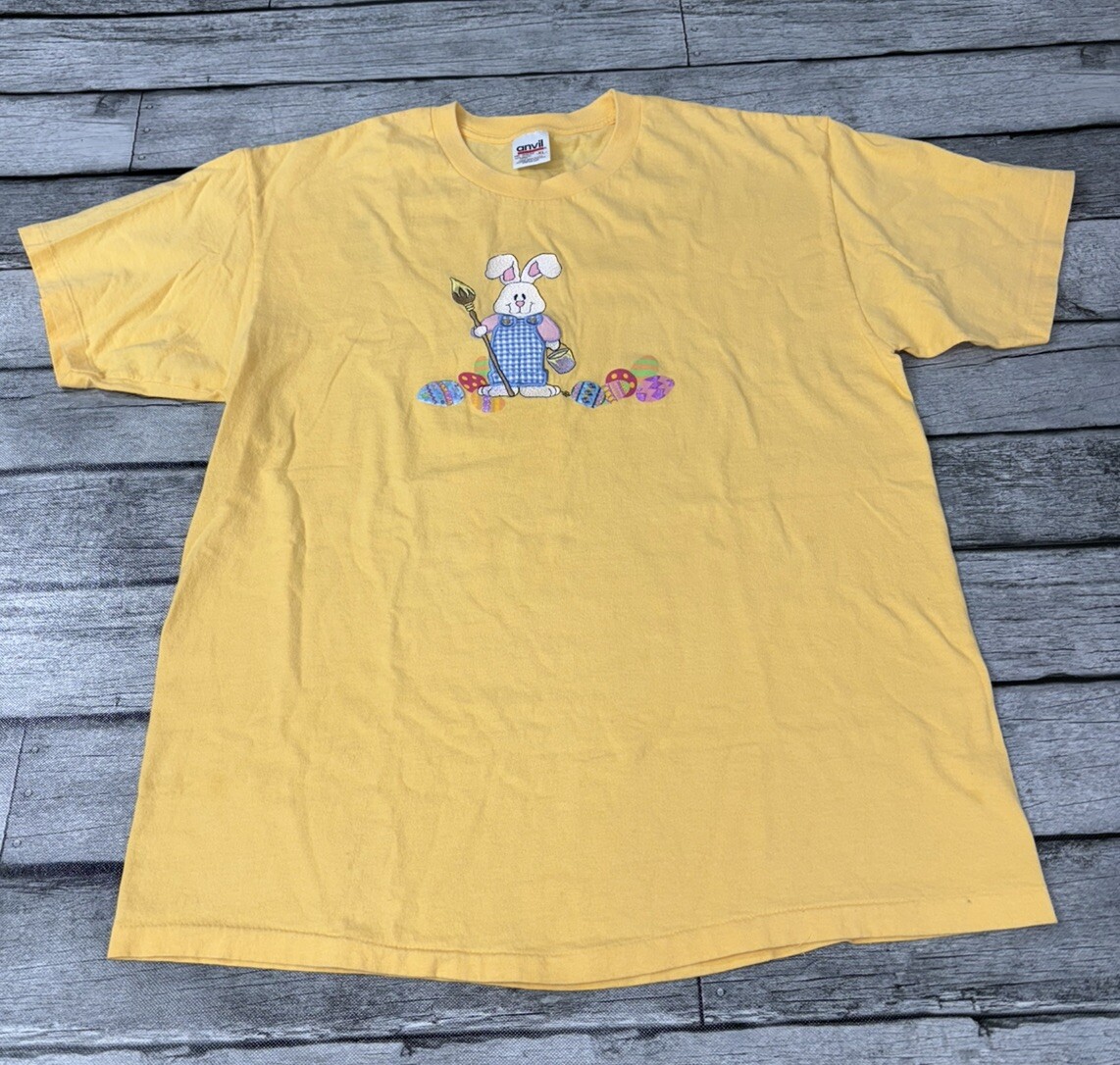 Vintage 80s/90s Y2K Anvil Easter Bunny Shirt Yellow Single Stitch Embroidered