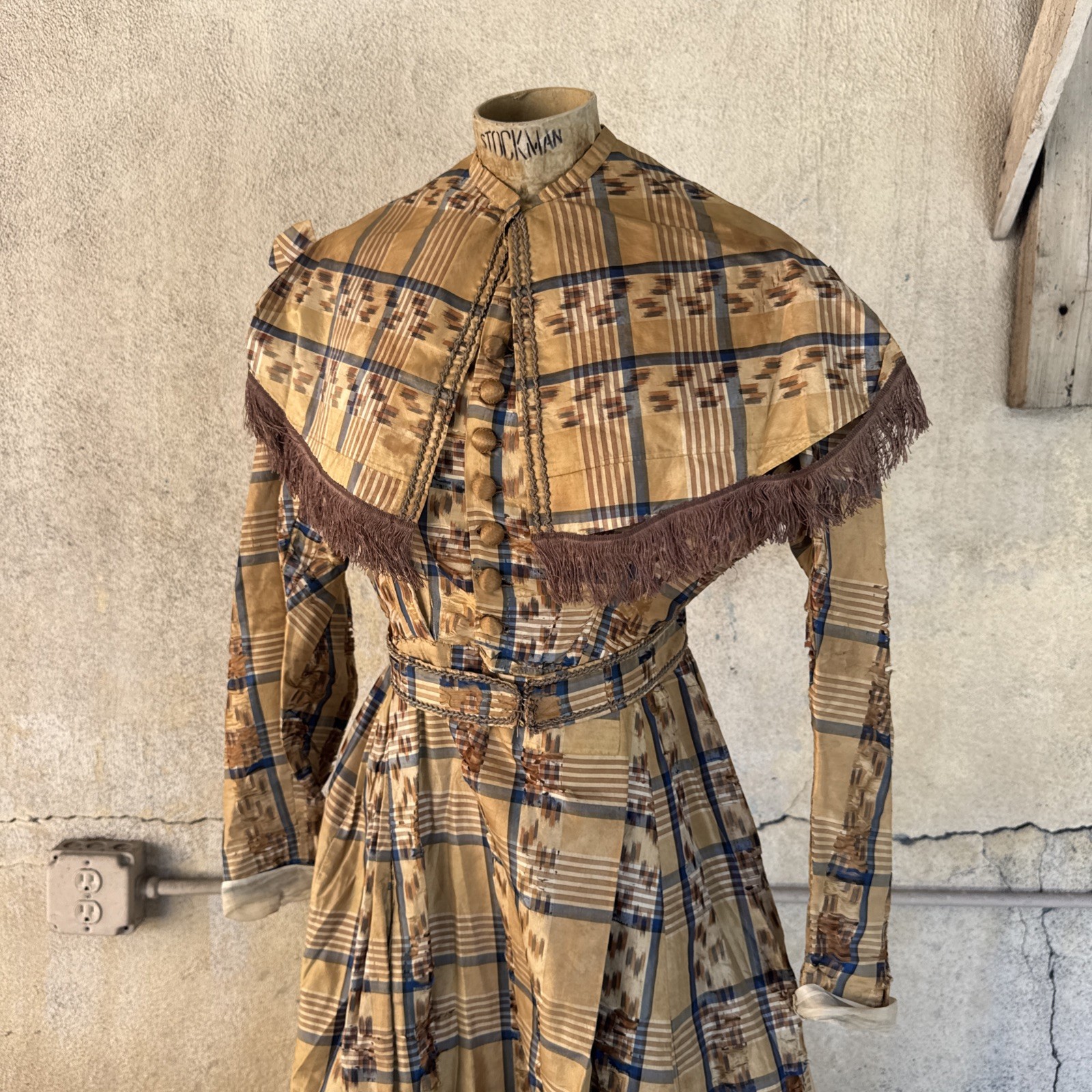 Antique Victorian Brown & Blue Plaid Silk Dress & Cape 1860s Vintage