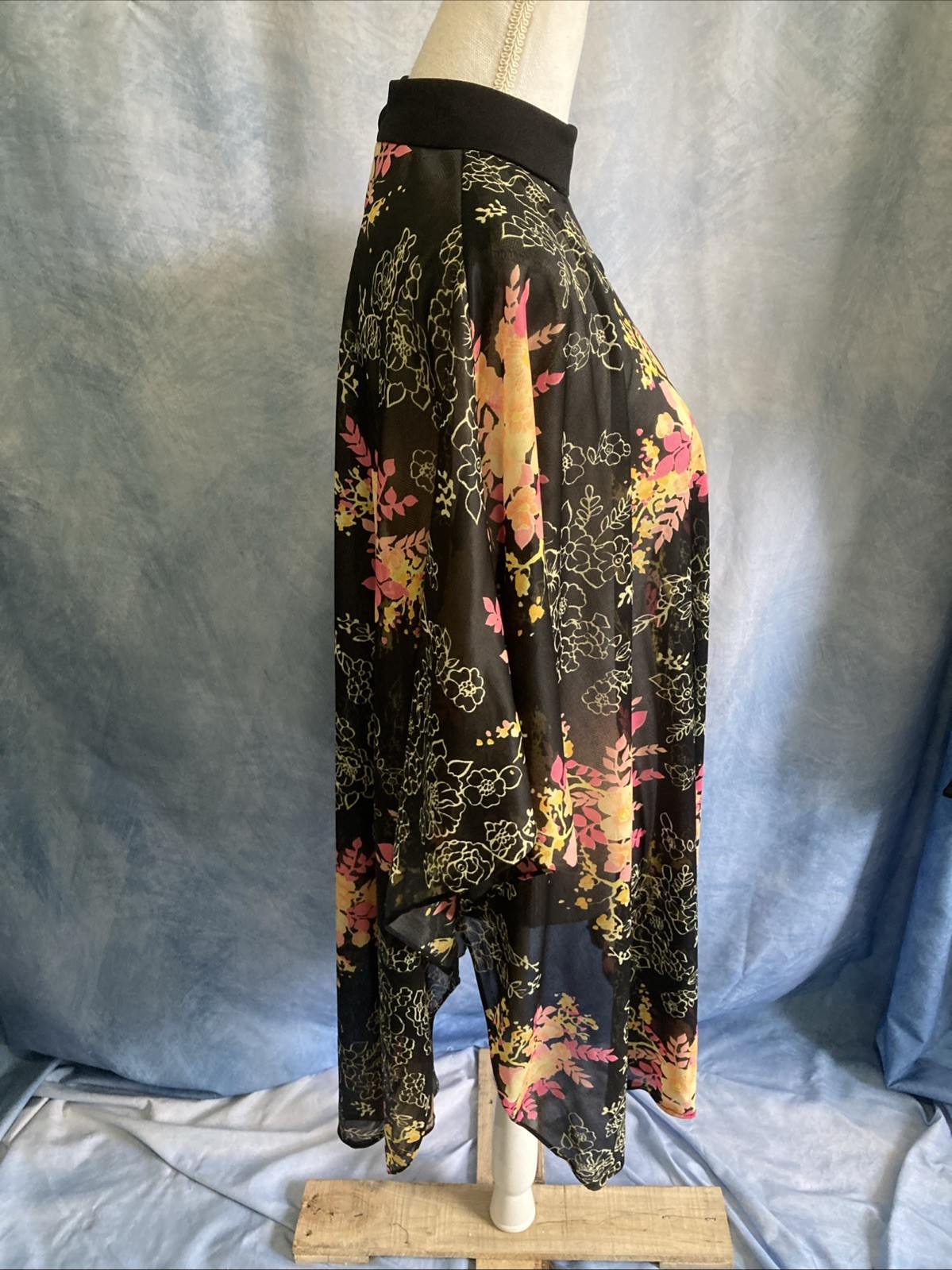 Vtg 70s Floral Chiffon Poncho Sheer Mock Neck Boho Festival Cape Top XS S EUC